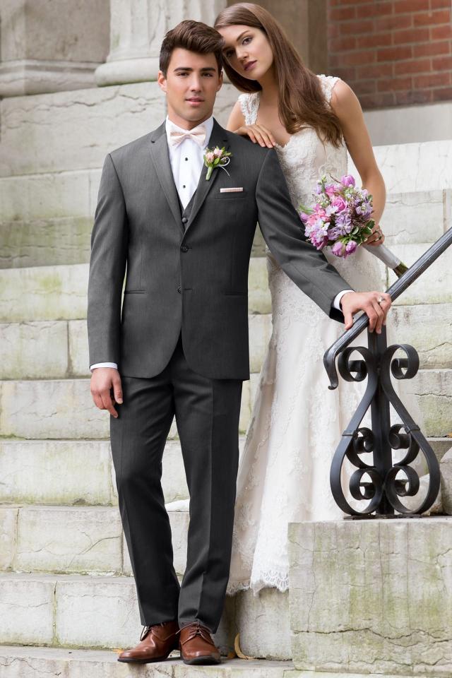 Wedding Suit Steel Grey Michael Kors Sterling with matching Fullback Vest and Blush Striped Bow Tie